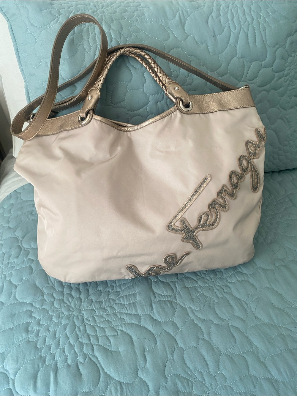 Salvatore Ferragamo Vibtage Light beige CrossbodyTote with Gold leather Trim